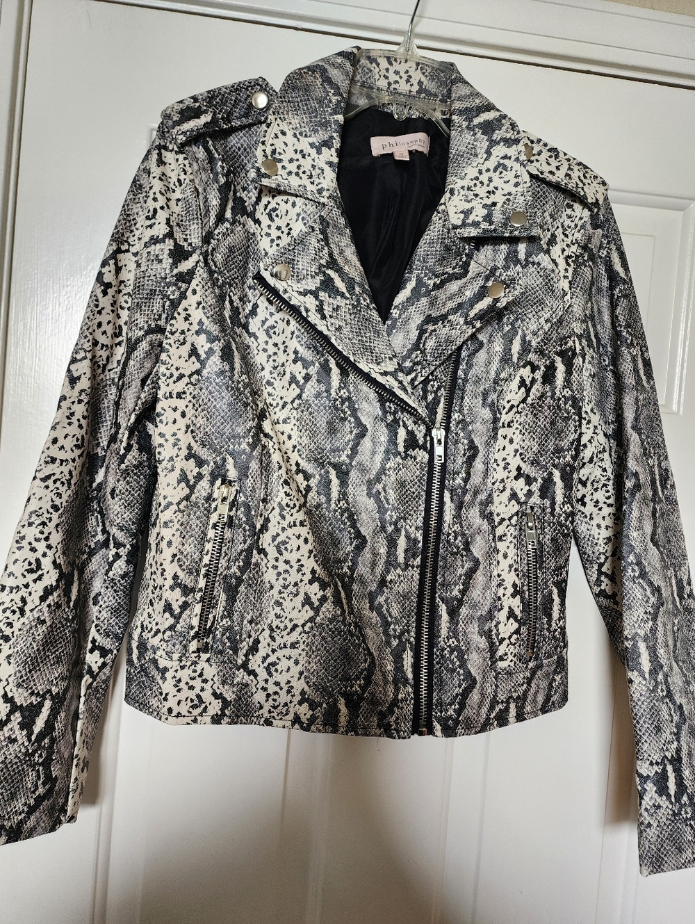 Philosophy Snake-Print Leather Biker Jacket in Black and Cream